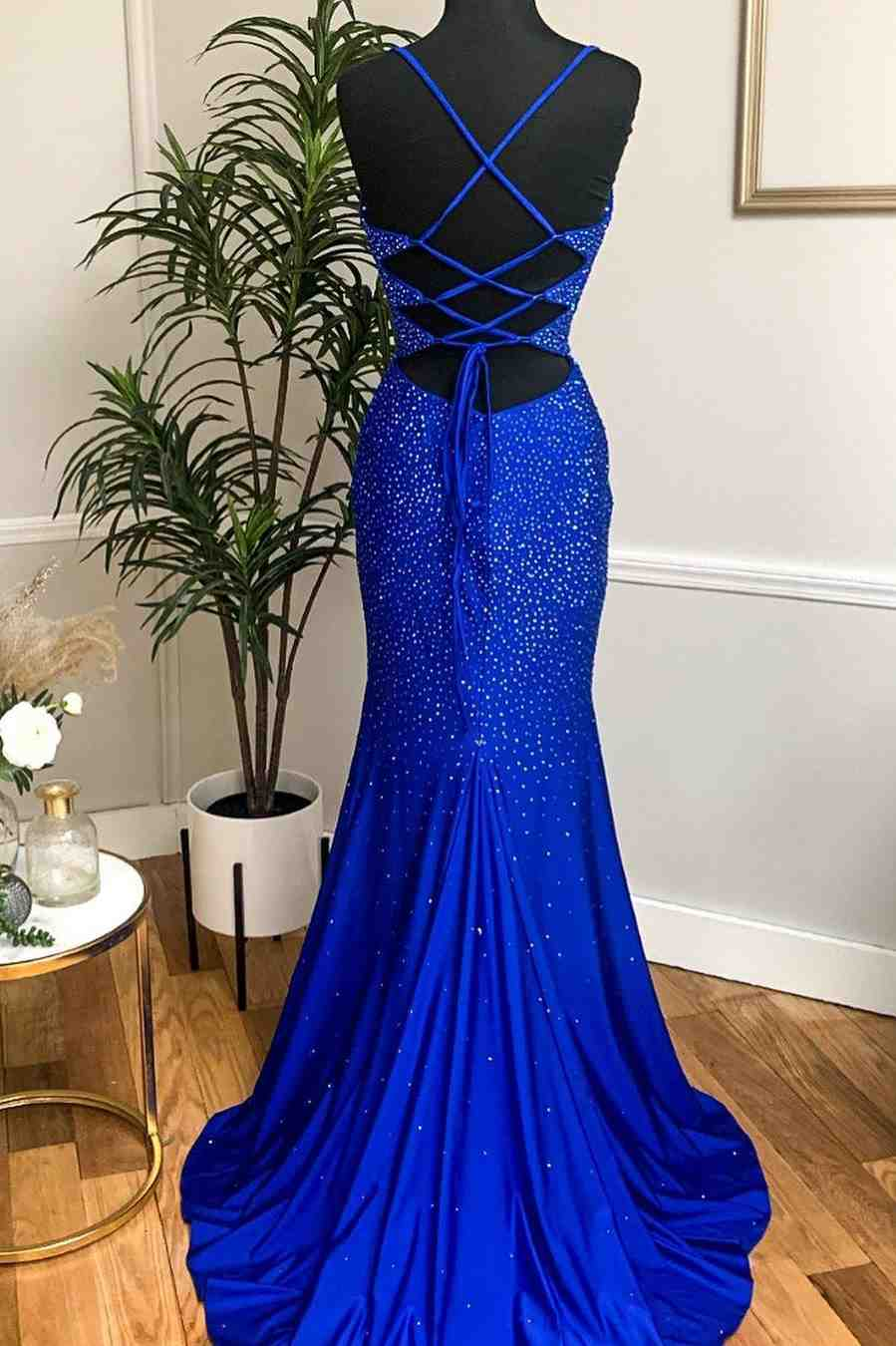 Royal Blue Beaded Cowl Neck Mermaid Long Prom Dress cc446