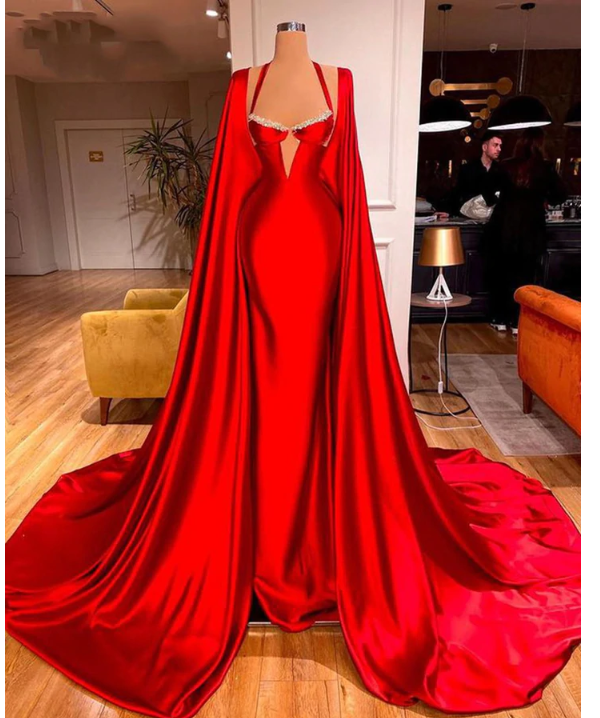 Elegant Red Satin Mermaid Prom Dresses with Long Scarves High Side Formal Evening Gowns C2394
