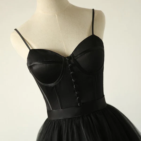 Ball Gown Spaghetti Straps Black Tulle Prom Dress Long Brush/Sweep Train Prom Dress c2834