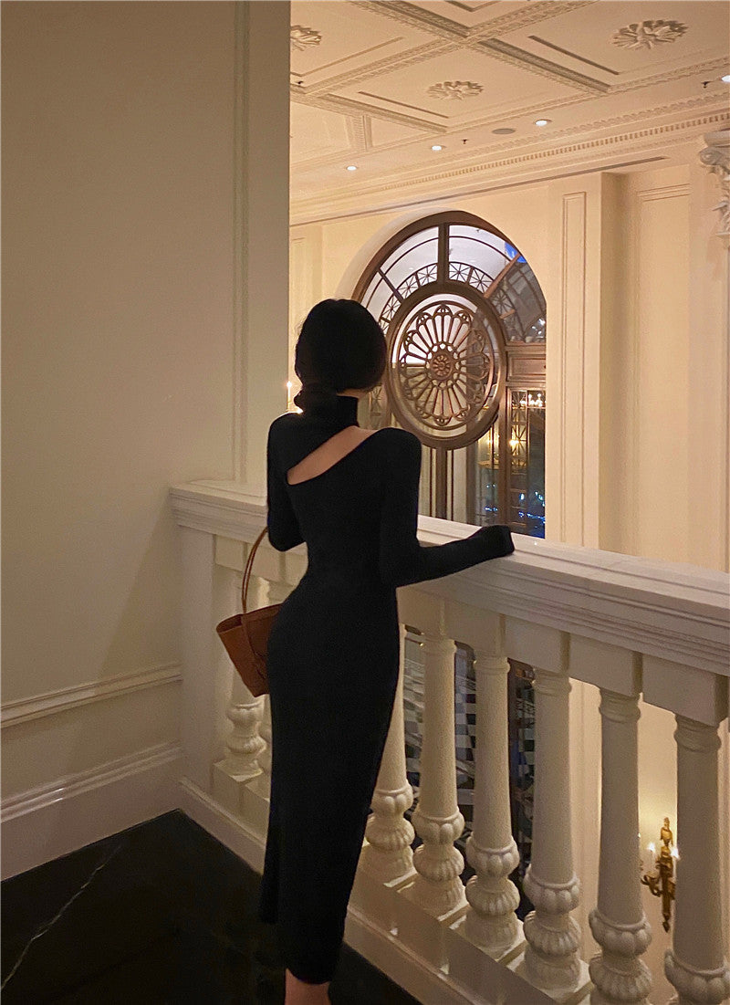 Black Sexy Off Shoulder Dress Women Vintage Elegant Highneck All Match Long Sleeve Bodycon Dresses Femme Party Dress Black Prom Dress c2477