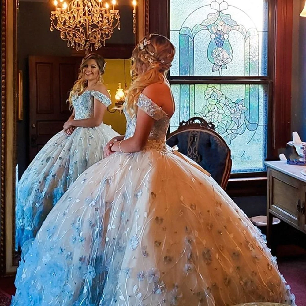 3D Flowers Sequined Quinceanera Dresses Sweet 16 Dress Light Sky Blue Flowers Ball Gown c3255