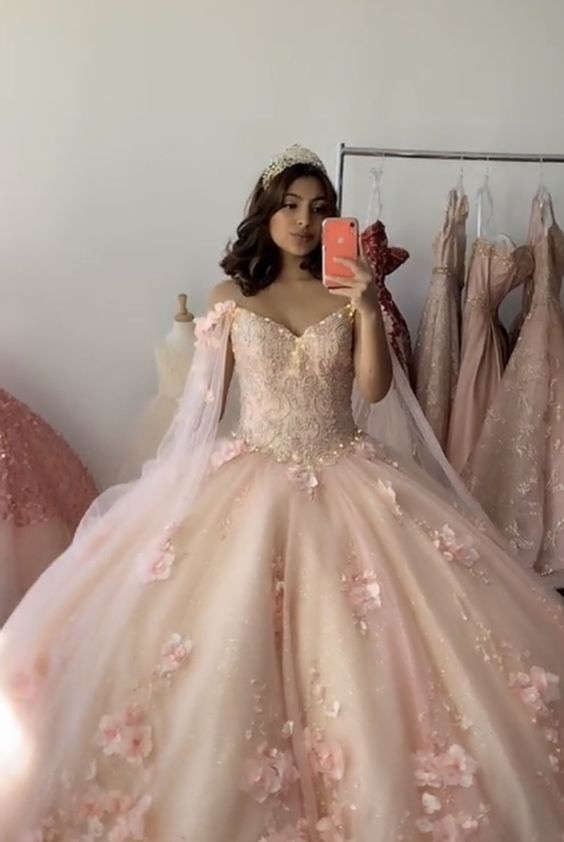 Pink Ball Gown With 3D Flowers Sweet 16 Dress Romantic Pink Embroidery Cape Ball Gown 3D Floral Beaded Long Sweet Frill Dress c2555