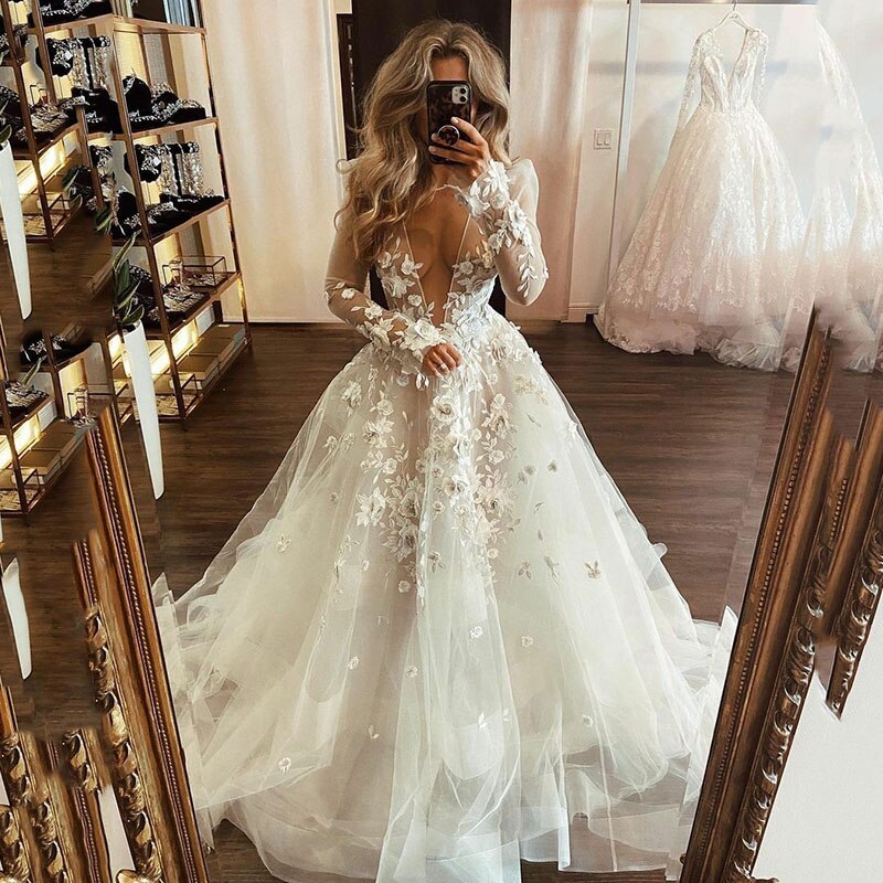 White lace appliqué long prom dress white evening dress C1280