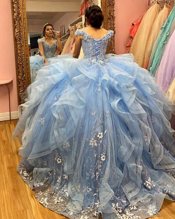 Off The Shoulder Blue Ball Gown Puffy Sweet 16 Dress c3281