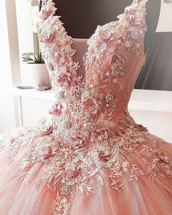 A-line V Neck Pink Ball Gown Sweet 16 Dress 3D Flowers c3288