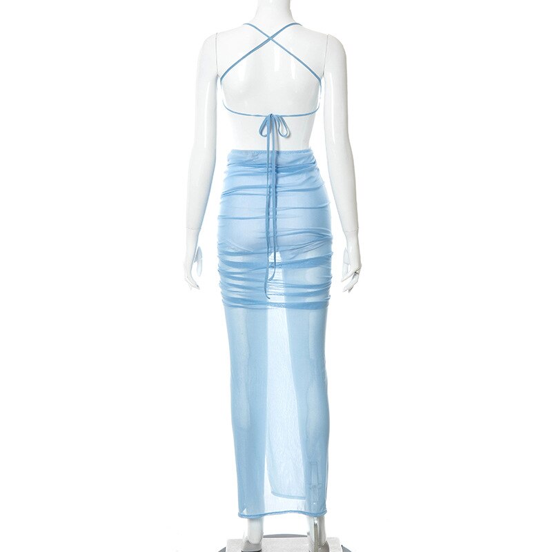 Blue Sexy Long Prom Dress See-through Prom Dress Beach Dress cc98