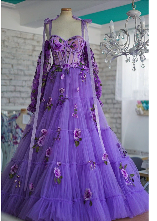 Purple A line Tulle Prom Dresses with Side Slit, Appliques Party Dress C2374