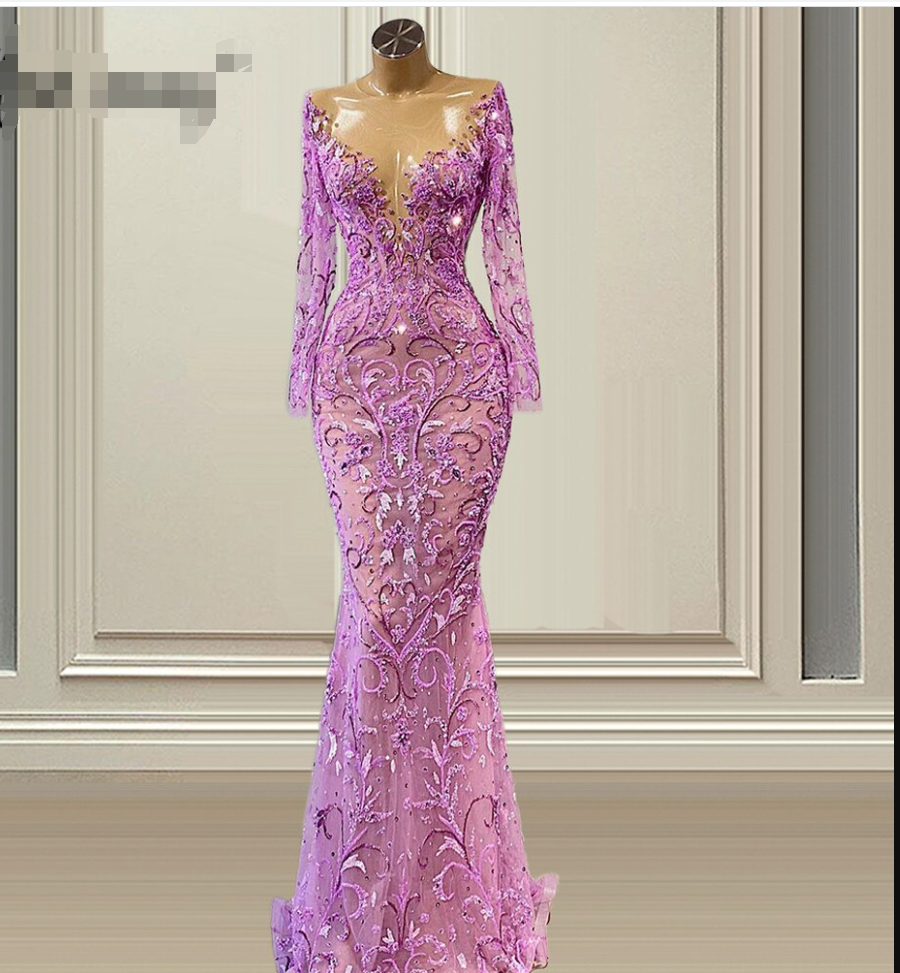 Long Sleeve Women's Evening Dress Purple Mermaid Evening Gowns Handmade Beaded Wedding Evening Dress c2871