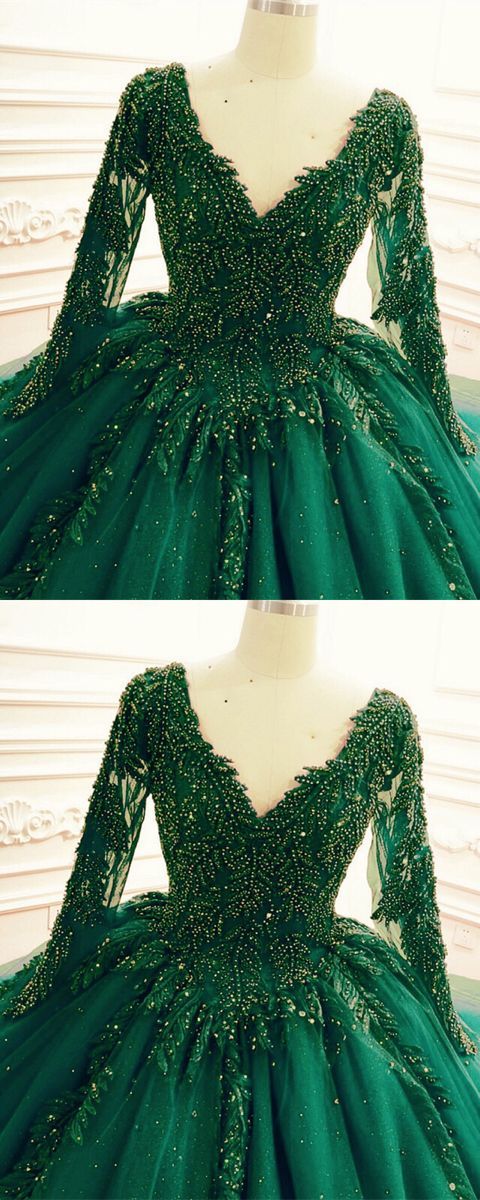 Green Wedding Dresses Ball Gown Long Sleeves c3470