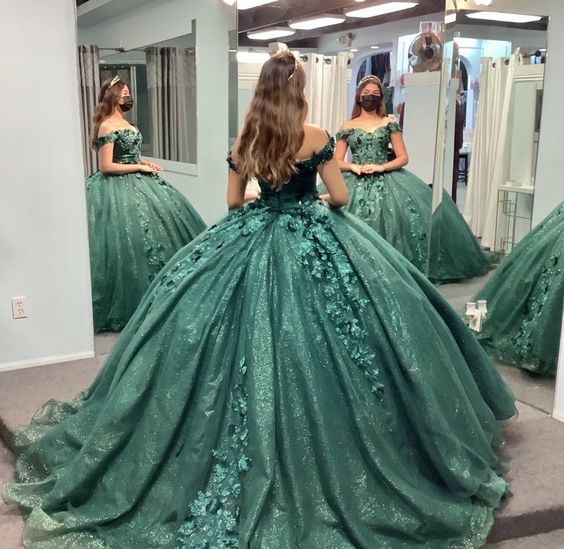 Green Sweetheart Quinceanera Dresses Beaded Appliques Tulle Sweet 16 Ball Gown c3453