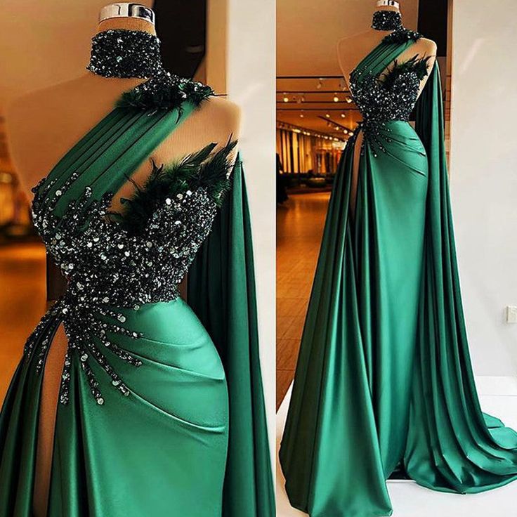 Luxury One-Shoulder Beads Evening Dress Mermaid Green Women Sexy Prom Gown With Train Satin Backless Feather c2577