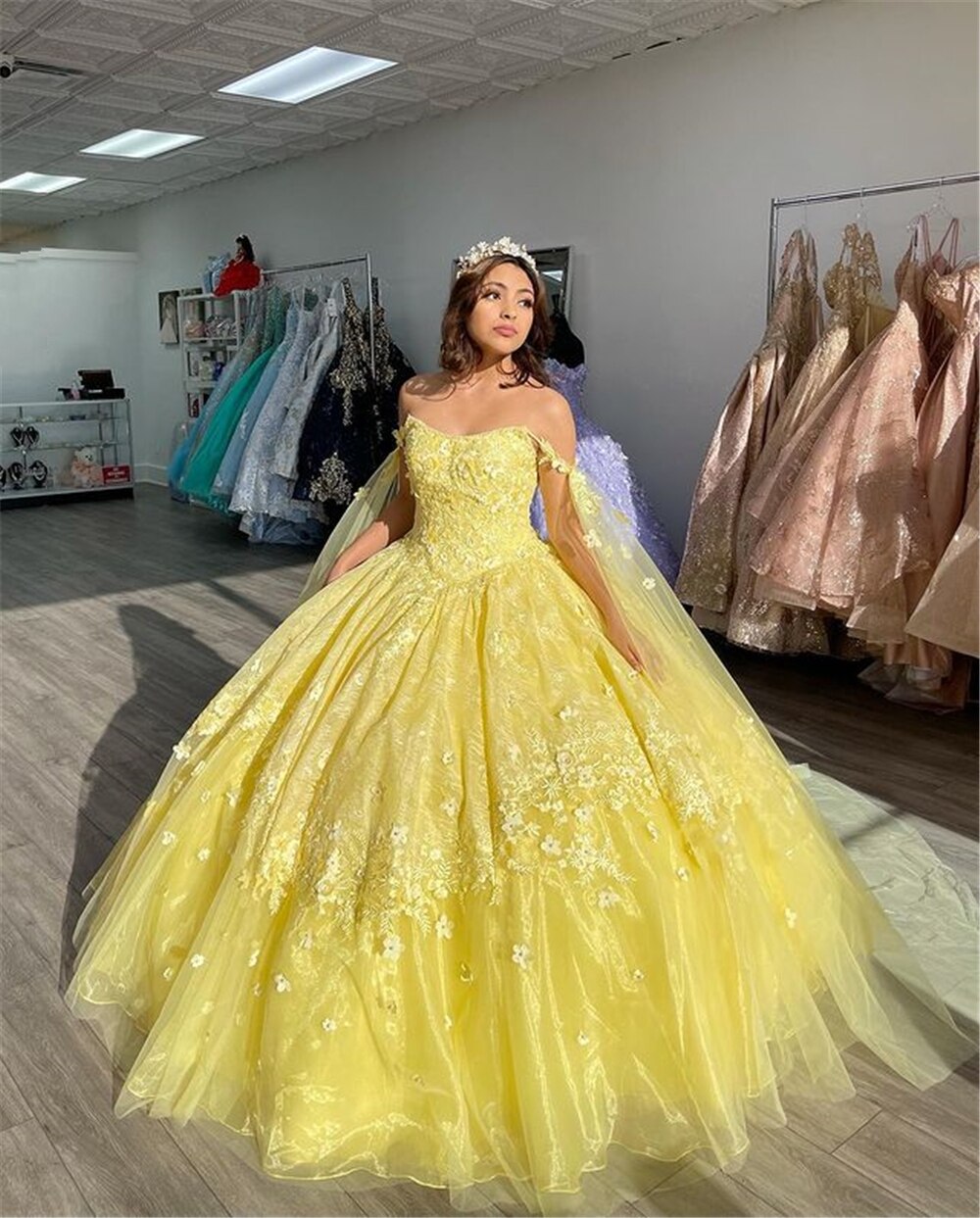 Yellow Ball Gown Quinceanera Dresses Prom Gowns 3D Flowers Beaded Sweet 15 Party Wear C2257