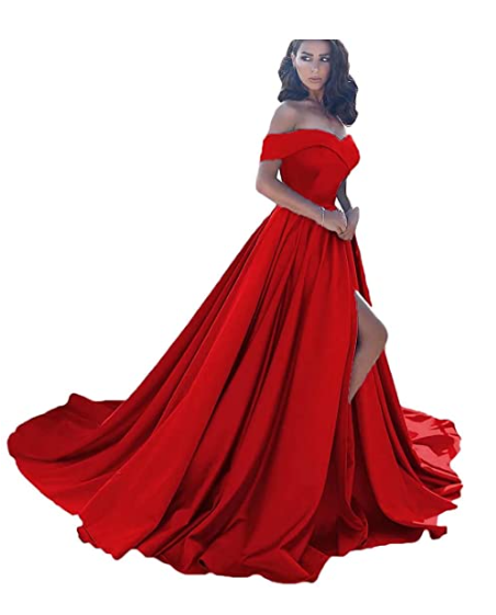 A-Line Off Shoulder Court Train Satin Elegant Formal Prom Dress C909