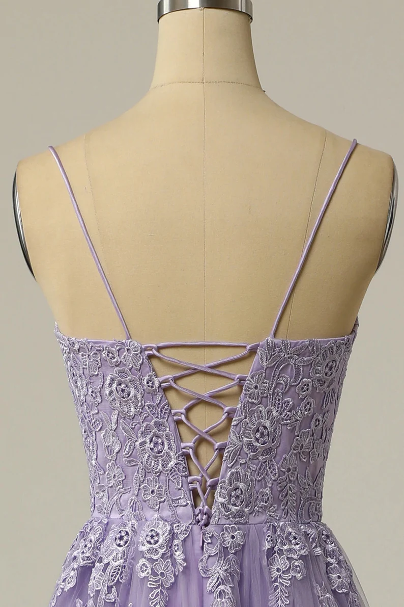 A Line Bateau Appliques Spaghetti-Straps Sleeveless Prom Dresses cc420