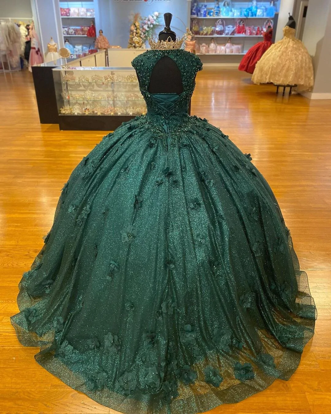 Green Princess Ball Gown Quinceanera Dresses Sweet 15 Party 3D Flowers Lace Applique Crystal Beads Sequin Birthday Gowns cc479
