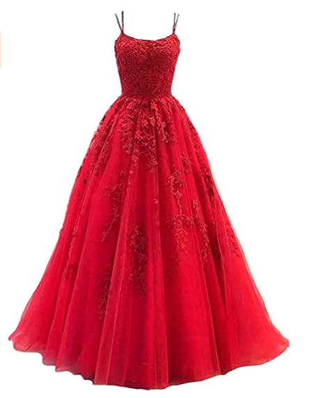 Green spaghetti strap prom dress, long tulle lace appliquéd women's party dress C1889