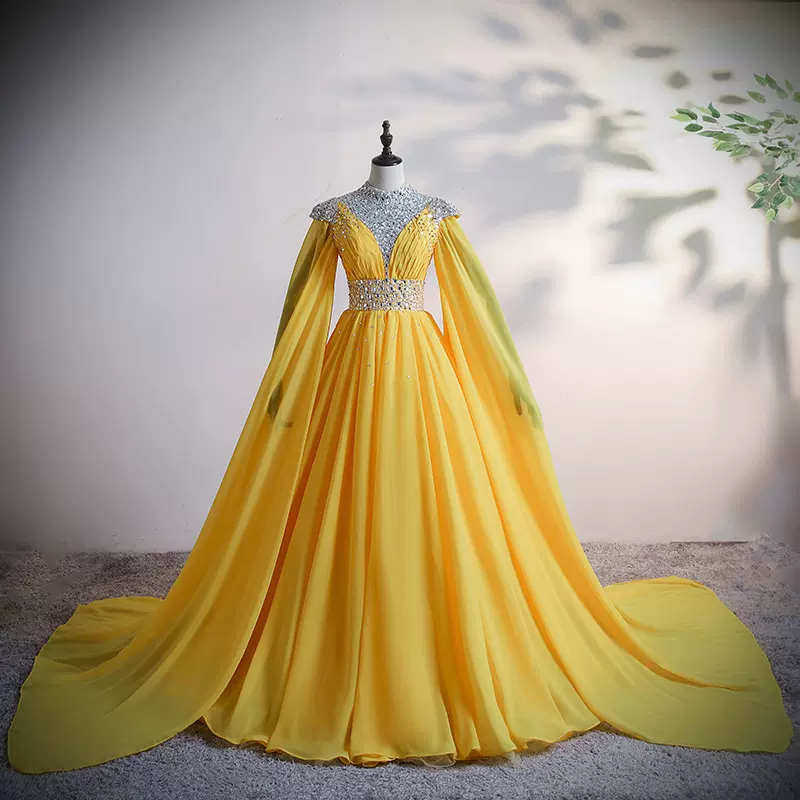 Yellow Chiffon Long Beaded Ball Gown Formal Dress, Yellow Formal Dress, Prom Dress C2133