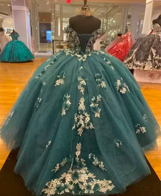 Dark Green Quinceanera Dresses Off the Shoulder Princess Pageant Ball Gown Flowers Beads Sweet 16 Floor Length Corset Back Birthday Party Wear c3458