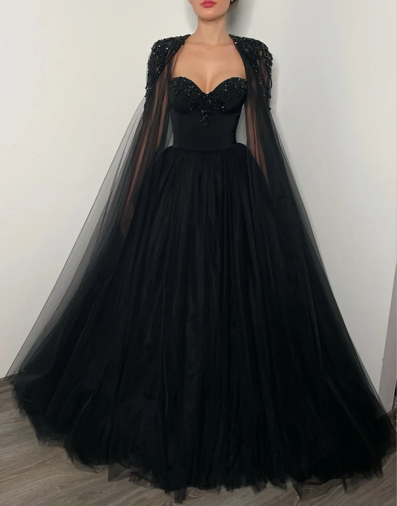 Black Gothic crystal beaded corset wedding tulle dress, elegant beaded alternive bride dress, long black cape black prom dress c2895