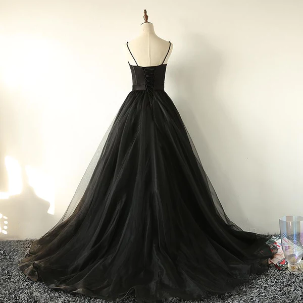 Ball Gown Spaghetti Straps Black Tulle Prom Dress Long Brush/Sweep Train Prom Dress c2834