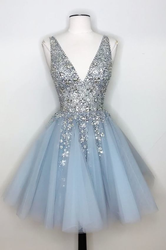 Sparkly A-Line Deep V-Neck Short Homecoming Dress C2364