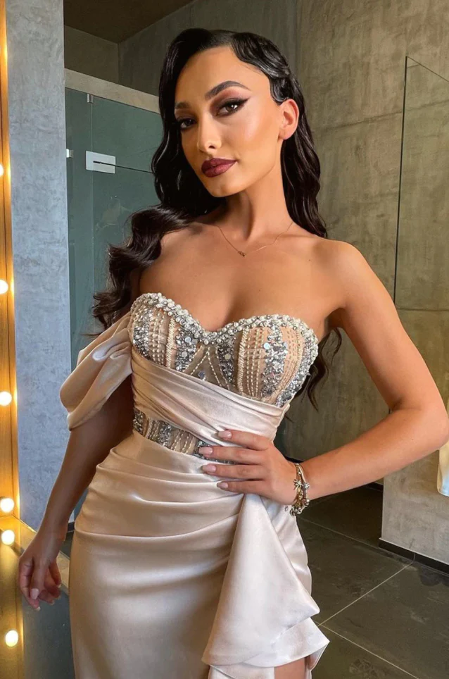 Luxury Single Short Sleeve Strapless Beaded High Slit Mermaid Prom Dress Dubai Formal Gown cc147