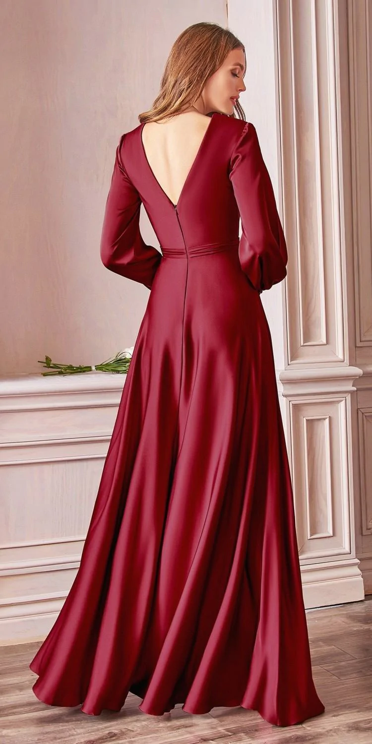 Deep V Neck Long Sleeve Satin Wrap Dress , Prom Dress C1393