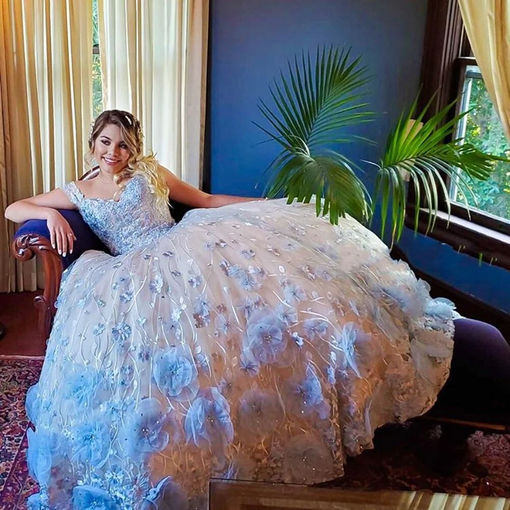3D Flowers Sequined Quinceanera Dresses Sweet 16 Dress Light Sky Blue Flowers Ball Gown c3255