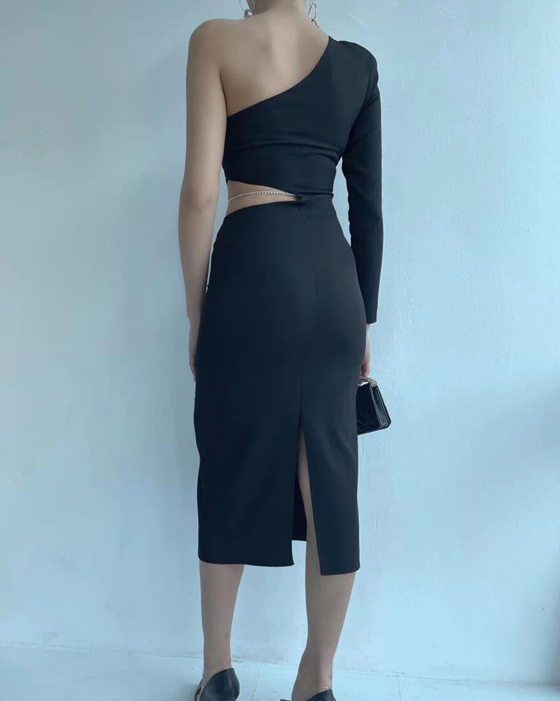 One Shoulder Chain Decor Cutout Bodycon Dress Party Dress c2509