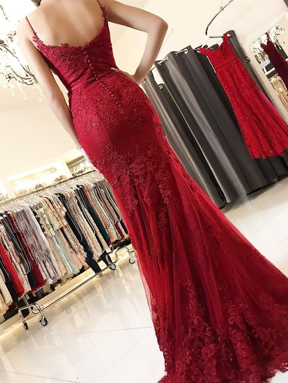 Spaghetti Strap Burgundy Lace Appliqued Mermaid Prom Dresses cc481
