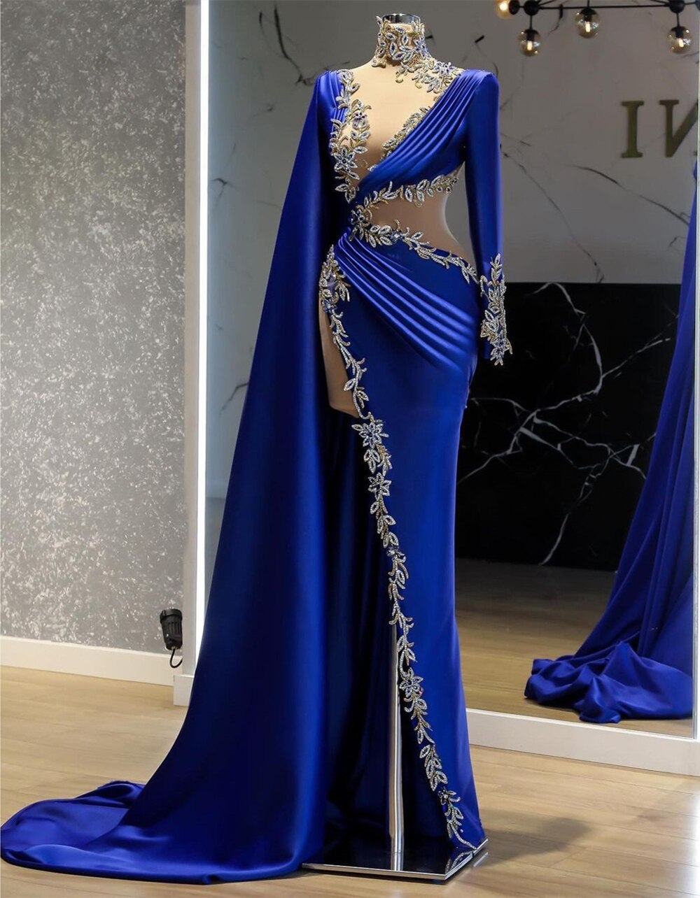 royal blue prom dresses, high neck prom dresses, Women Evening Dress Long Sleeve Blue Lace Appliques High Slit Arabic Style Prom Dress c2719