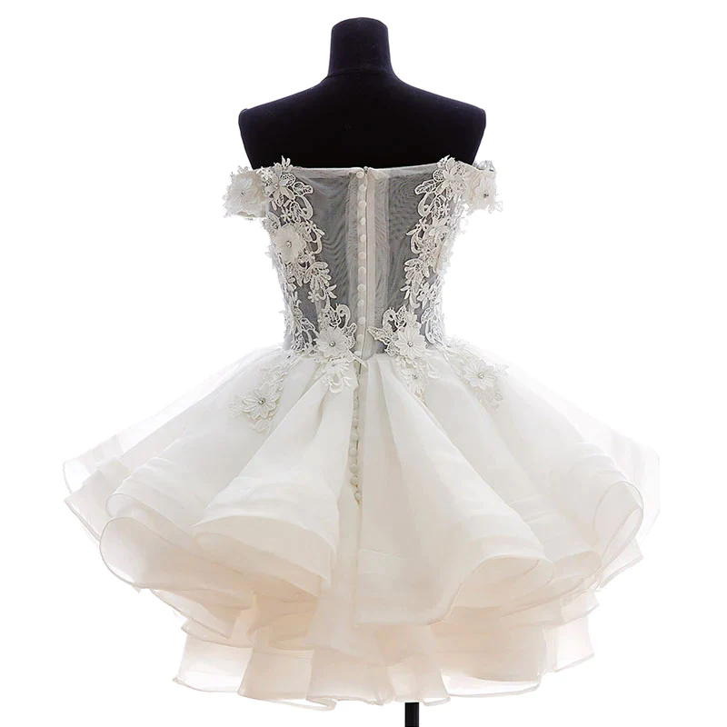 White sweetheart lace applique short cute white homecoming dress Off Shoulder Organza Short Lace Applique Teen Formal Dress c3219