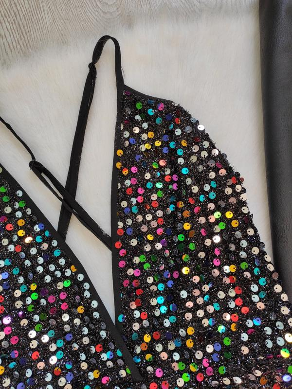 Black shiny multi colored evening short sexy mini dress neckline sequins party dress cc63