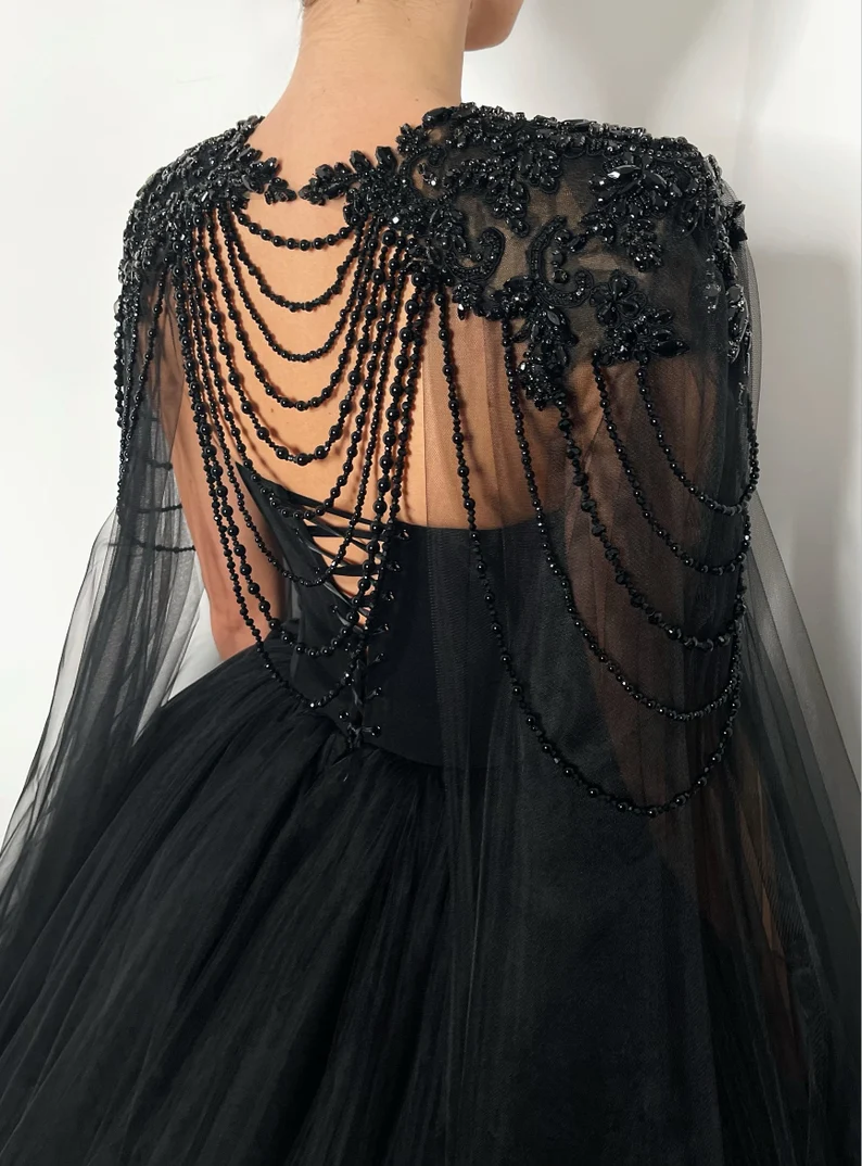 Black Gothic crystal beaded corset wedding tulle dress, elegant beaded alternive bride dress, long black cape black prom dress c2895