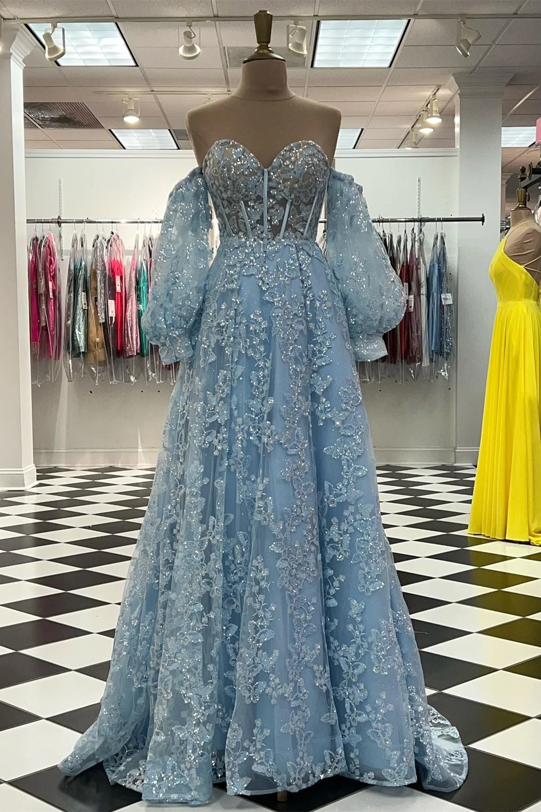 Sparkle Princess Bustier Puff Sleeve Lace Long Prom Dress Detachable Sleeves Evening Dress c2486