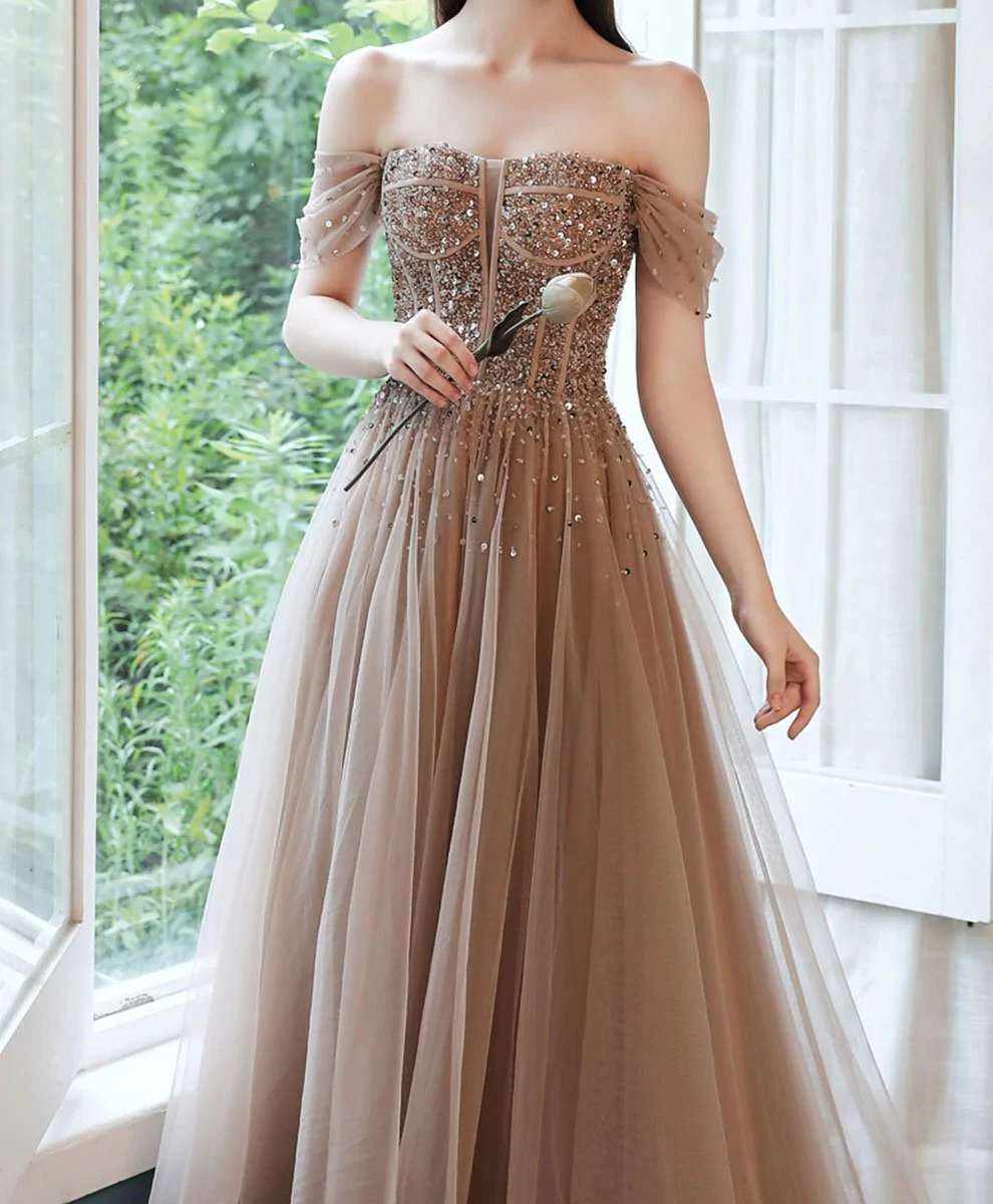 Champagne Tulle Sequin Beads Long Prom Dress Tulle Formal Dress cc385