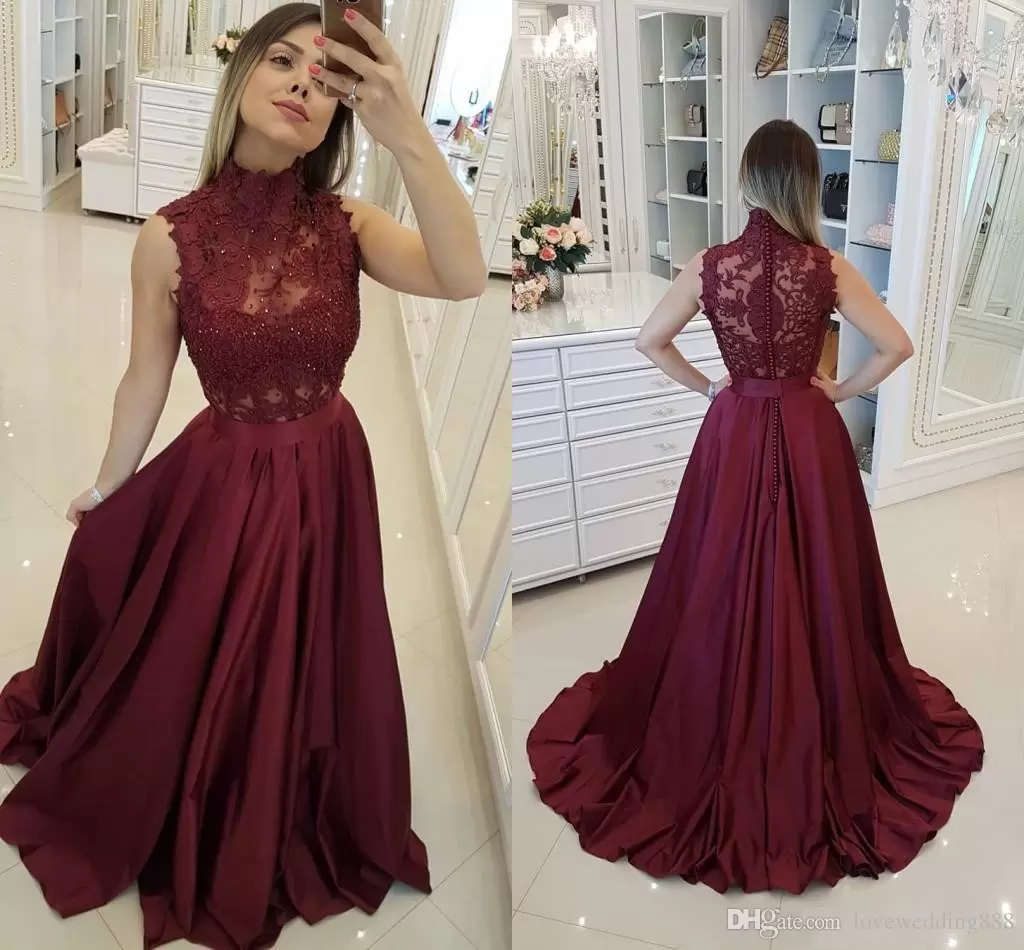 Burgundy High Neck Lace Bodice Princess Floor Length Long Prom Dress C207