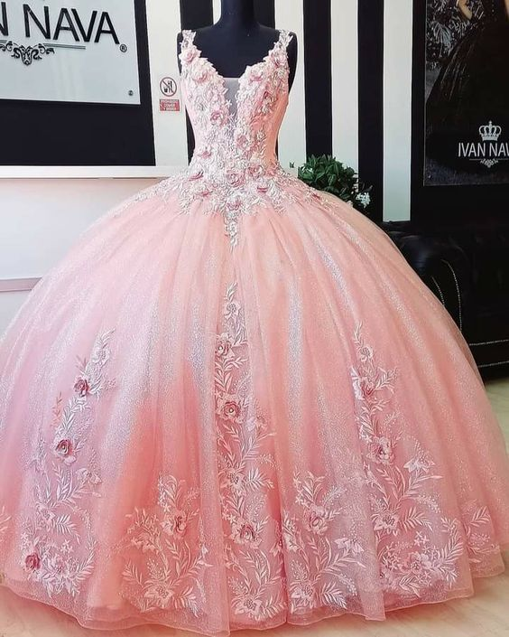 A-line V Neck Pink Ball Gown Sweet 16 Dress 3D Flowers c3288