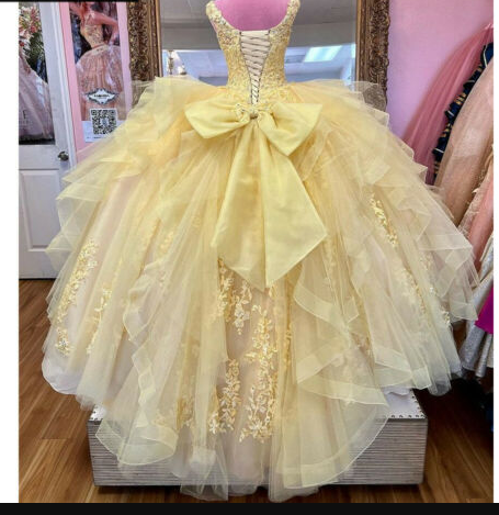 Yellow Quinceanera Dresses Beaded Tiered With Bow Sweet 15 16 Dress Ball Gowns c3267