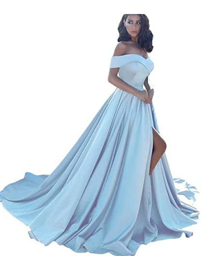 A-Line Off Shoulder Court Train Satin Elegant Formal Prom Dress C909
