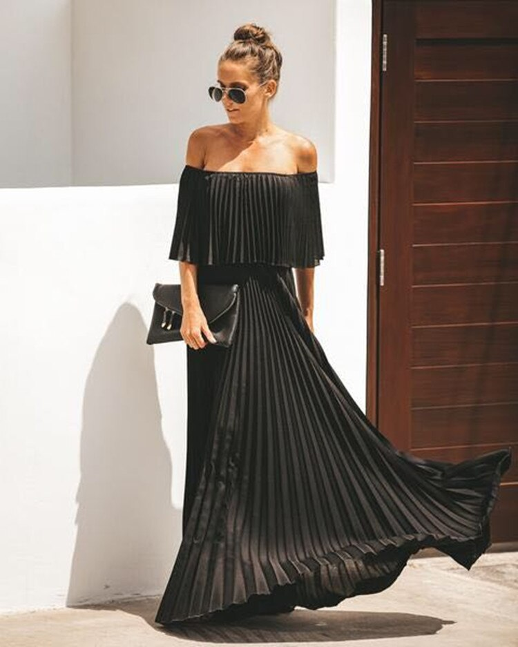 Elegant Off Shoulder Chiffon Summer Ruffle Pleated Prom Dresses C749