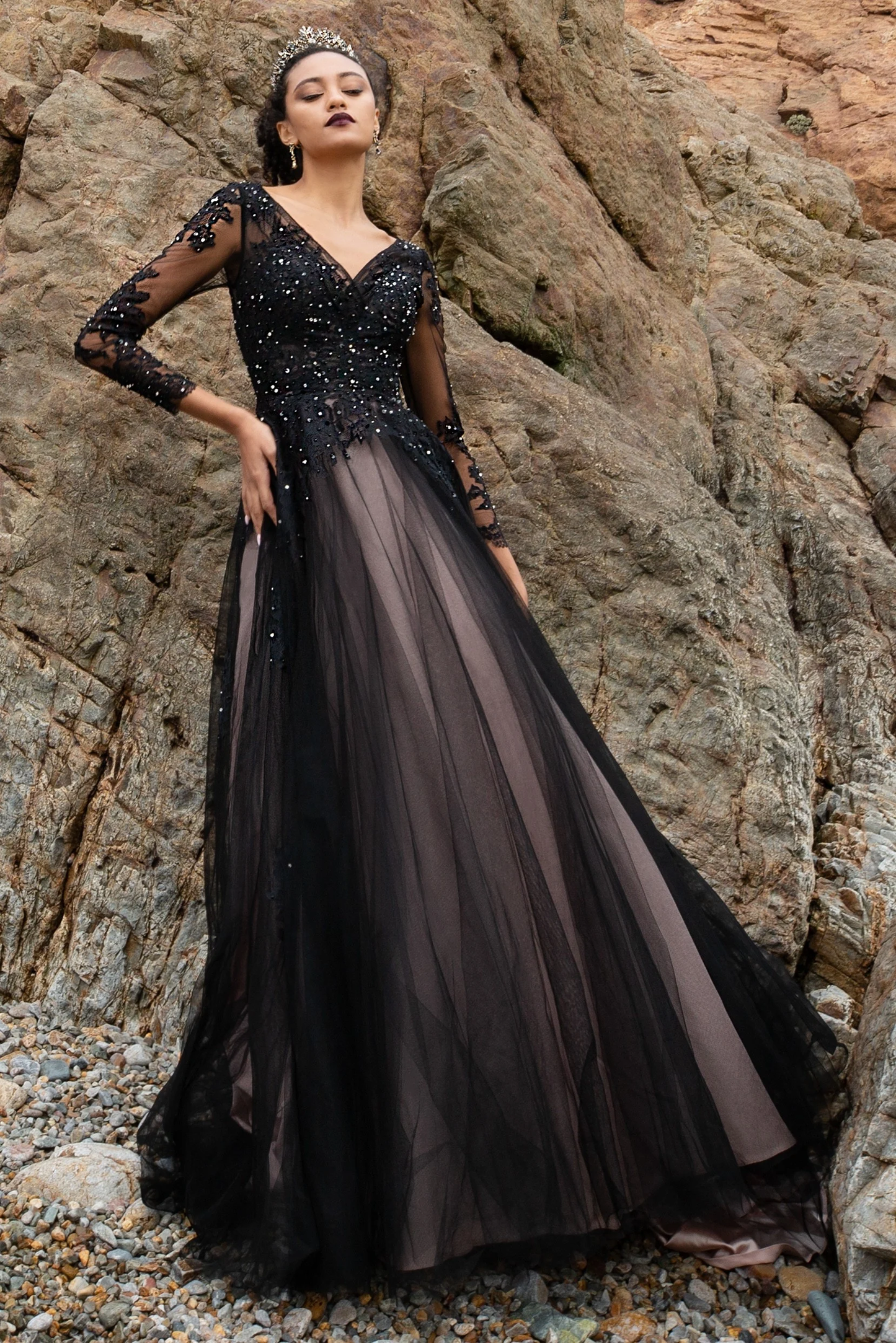 A-Line Court Train Tulle Wedding Dress Black Tulle Lace Bridal Dress cc262