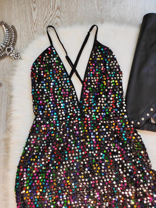 Black shiny multi colored evening short sexy mini dress neckline sequins party dress cc63