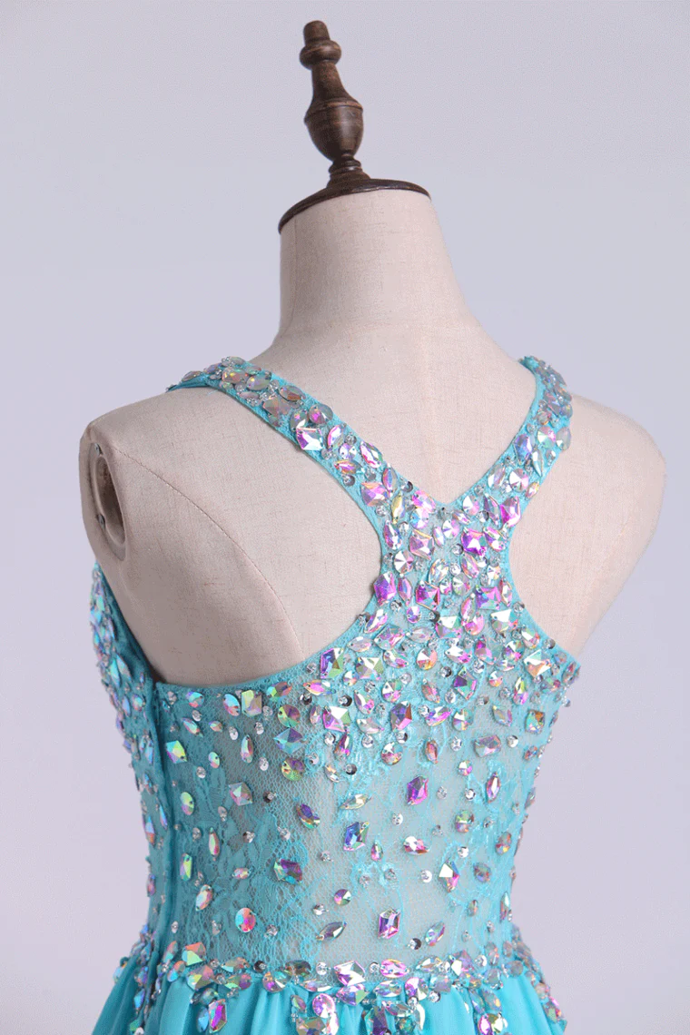 Blue Short Halter A Line Homecoming Dresses Lace&Chiffon Beaded Bodice c2605