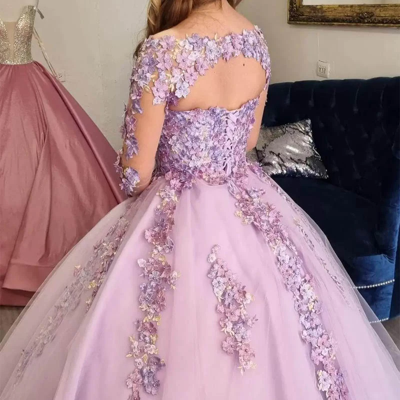 Lilac Ball Gown 3D Floral Lace Applique Long Sleeve Special Occasion Dress Sweet 16 Dress cc43