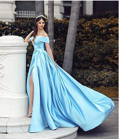 A-Line Off Shoulder Court Train Satin Elegant Formal Prom Dress C909