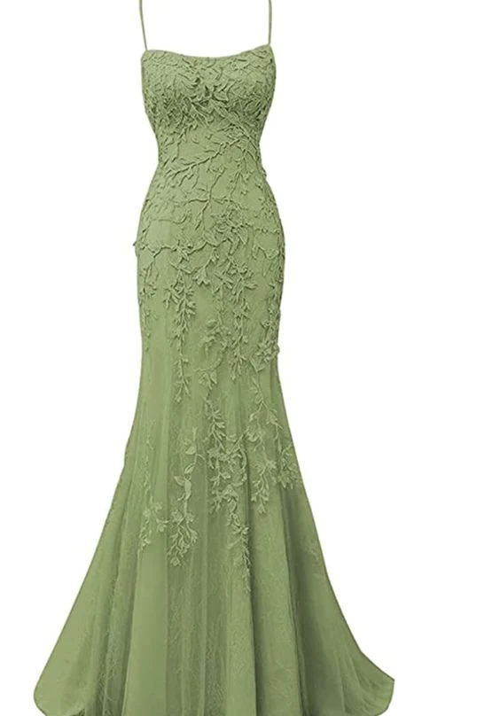 Sage Green Lace Appliques Dresses Long Prom Dress Mermaid Spaghetti Straps Evening Dress cc498