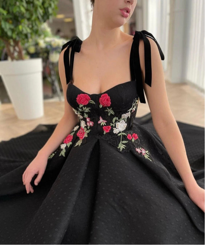 Black Polka Dot Tulle A Collection Evening Gown Colorful Floral Lace Velvet Spaghetti Straps Strap Pockets Ankle Length Dress cc234