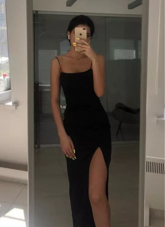 Spaghetti Straps Column/Sheath Long Prom Dress Simple Prom Dress With Split Classic Style Black Evening Dress cc216