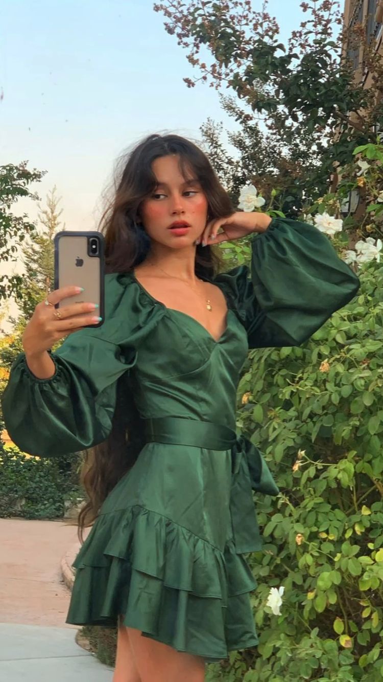 Cute Green Short Party Dress Vintage Long Sleeves Green Dress cc204